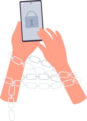 Icon of hands holding a phone wrapped in a chain
