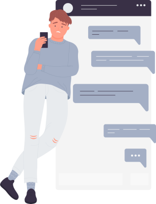 Icon of man looking at cellphone confused with messages behind it