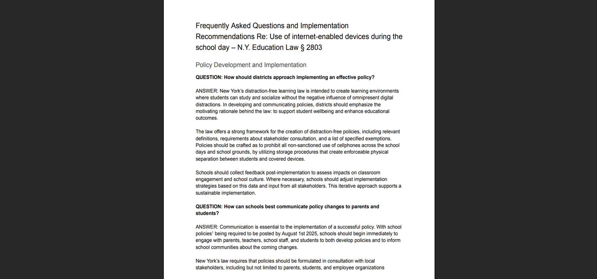 The State’s Frequently Asked Questions and Implementation Recommendations 