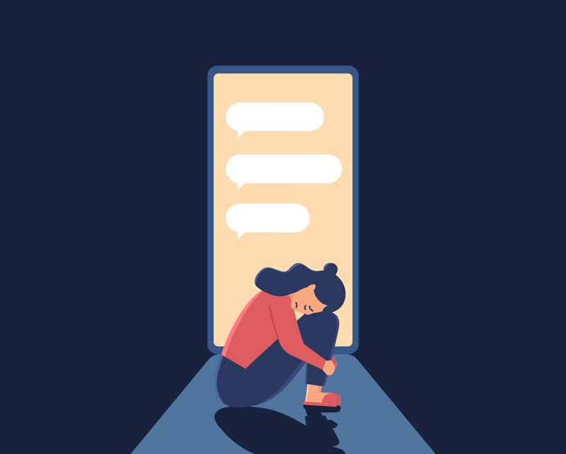 Icon of phone with messages and a woman in front of it with head on their knees looking sad