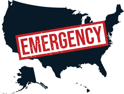 Icon map of the Unites States with Emergency written across it