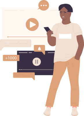 Icon of man holding phone looking confused with videos behind it